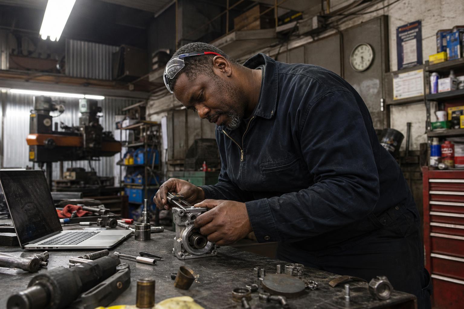 Portrait of David Okonkwo, OEM Solutions Engineer, in the workshop wearing a dark work jacket, engine components and interchange reference charts on the bench beside him.