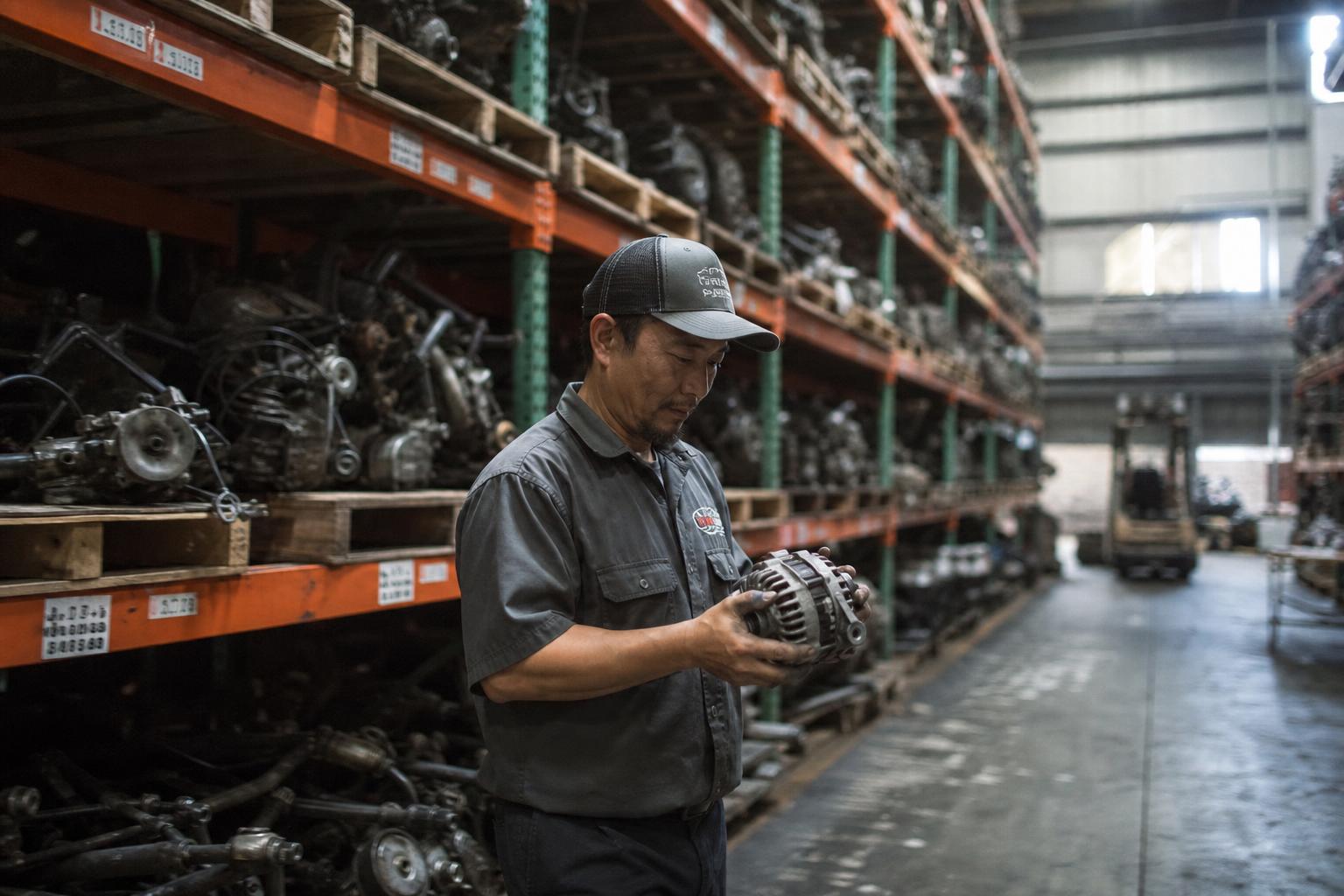 Portrait of Marcus Chen, Parts Sourcing Specialist, in the parts warehouse wearing a navy work shirt, surrounded by organized bins and shelved inventory.